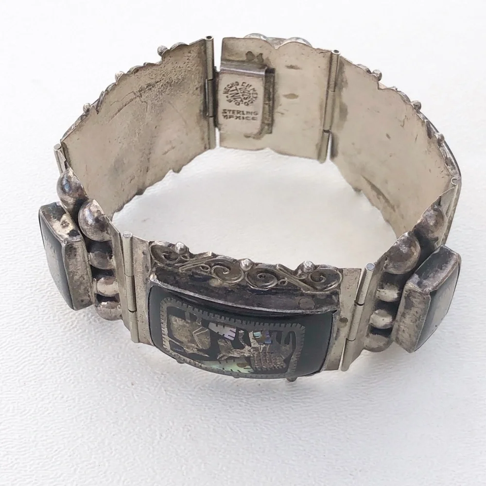 Vintage Mexico Sterling Inlay Panel Bracelet